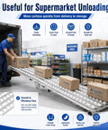 Heavy Duty 6.6ft Foldable Steel Roller Conveyor Table For Warehouse Shipping And Cargo Unloading With 12 Inch Width Gravity Slide System in use for supermarket unloading.