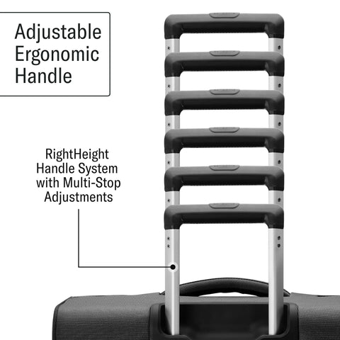 Front view of Samsonite UpLIFT softside carry-on luggage with adjustable ergonomic RightHeight handle, black