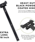 18-Inch Matte Black Barn Door Hinges, heavy duty 4mm thick iron gate hinges shown with close-up on design and finish.