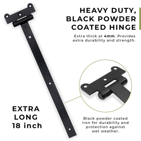 18-Inch Matte Black Barn Door Hinges, heavy duty 4mm thick iron gate hinges shown with close-up on design and finish.