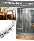 Super Smooth Sliding Barn Door Track Roller System With Heavy Duty Wheels For Kitchen Pantry Bathroom Room Divider Easy Install Rock Solid Iron Mount close-up of smooth iron rollers and bathroom installation example.