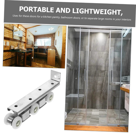 Super Smooth Sliding Barn Door Track Roller System With Heavy Duty Wheels For Kitchen Pantry Bathroom Room Divider Easy Install Rock Solid Iron Mount close-up of smooth iron rollers and bathroom installation example.