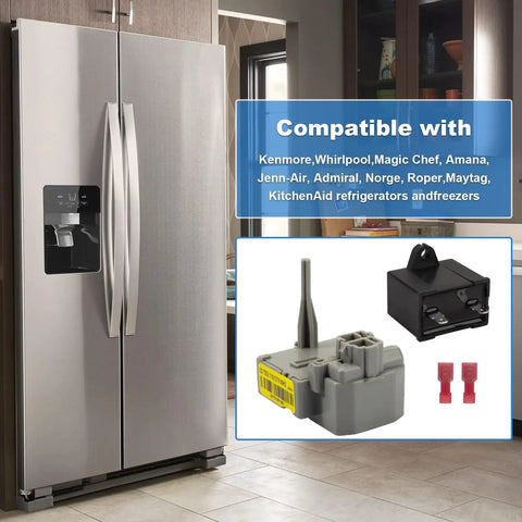Refrigerator Start Relay Kit With Run Capacitor W10189190 W10662129 alongside a stainless steel fridge in kitchen