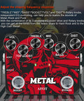 Beefy Metal Distortion Guitar Pedal With True Bypass High Gain Clarity Muff Top Boost Earphone Output on a graphic backdrop