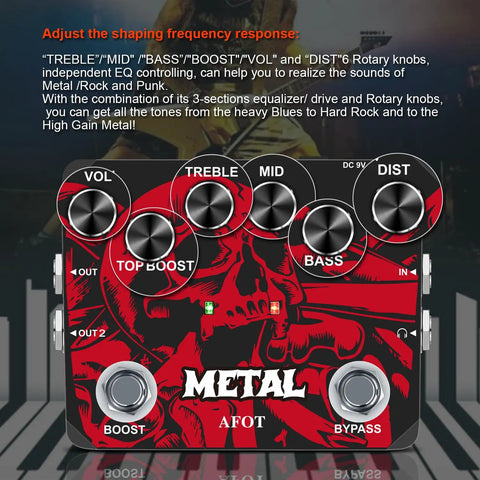Beefy Metal Distortion Guitar Pedal With True Bypass High Gain Clarity Muff Top Boost Earphone Output on a graphic backdrop