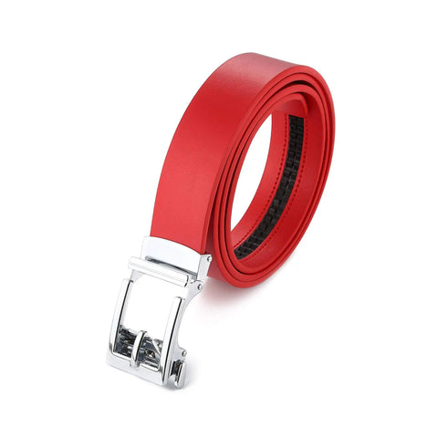 Genuine Leather Ratchet Dress Belt With Automatic Sliding Buckle Minimalist Style 1.3 Inch Wide Adjustable Trim To Fit 28 To 44 Inch Waists No Fuss Easy On Off Red