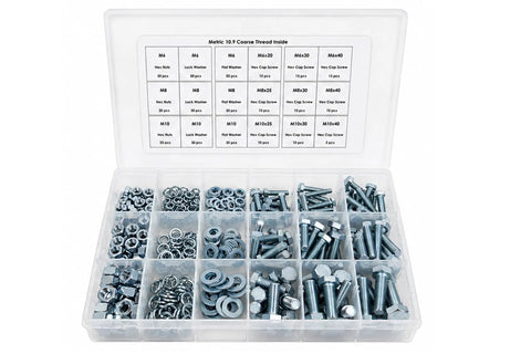 Super Cool 425-Pc Metric Fastener Kit with Class 10.9 Hex Bolts And Matching Nuts Washers For M6 M8 M10 Grades organized in case.