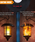 Close-up of 4 Pack Solar Powered Flame Wall Lanterns Outdoor Waterproof Sconce Lights showing two lighting modes, ON and FLAME.