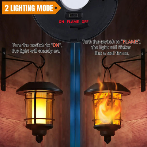 Close-up of 4 Pack Solar Powered Flame Wall Lanterns Outdoor Waterproof Sconce Lights showing two lighting modes, ON and FLAME.