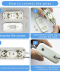 Step-by-step installation guide for Three Pack Inline Cord Switches For Lamps And LED Lighting 250V 6A, shown in white plastic.