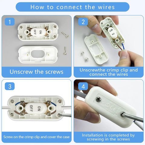 Step-by-step installation guide for Three Pack Inline Cord Switches For Lamps And LED Lighting 250V 6A, shown in white plastic.