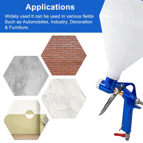 Heavy Duty Air Texture Gun For Drywall And Joint Compound equipped with a 1.5 gallon hopper and various texture applications.