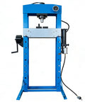 Straight Up Heavy Duty 30 Ton H Frame Shop Press Featuring Pneumatic Hydraulic Pump And Completely Welded Steel Build with pressure gauge.