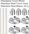 4 Pack Mason Jar Outdoor Tabletop Torch Kit with Fiberglass Wicks and Stainless Lid Caps components displayed