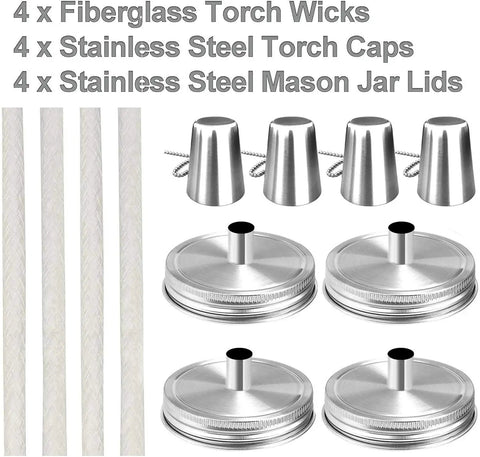 4 Pack Mason Jar Outdoor Tabletop Torch Kit with Fiberglass Wicks and Stainless Lid Caps components displayed