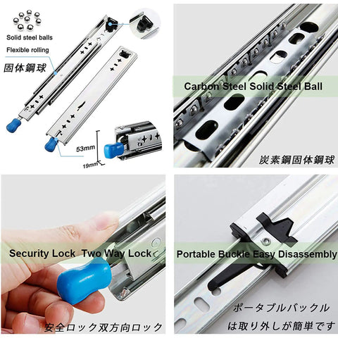 Beefy Heavy Duty Telescopic Drawer Slides With Full Extension Ball Bearing Rails, Easy Install Hardware, Security Lock Feature