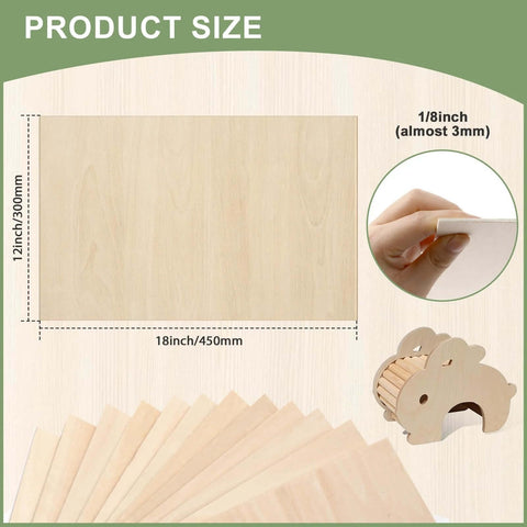 Front view: 10-pack basswood sheets, 12x18 inches, 1/8 inch thick, unfinished craft wood.