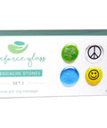 Geocache Swag Glass Stones Set Of Six With Fun Images In A Deluxe Gift Box with assorted colorful glass stones and symbols.
