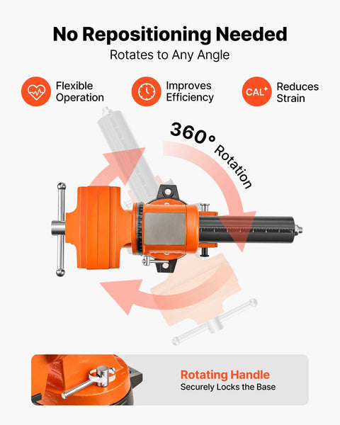 Heavy Duty Bench Vise In Beast Mode With 6 Inch Jaw Width showing 360° rotation, locking base, and ductile iron clamp for versatile use.