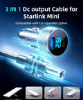 Solid Starlink Mini Car Adapter With A Tough Ten Foot Power Cable And Fast Charge USB Ports Built For 12V To 24V Rigs And Trailers, showing power cable with digital display.