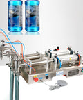 Hassle Free Pneumatic Double Head Bottle Filler Machine Semiauto Liquid Dispenser With Foot Pedal Switch And Quick Adjust Cylinder Valve For Syrup Sauce And Perfume Bottles 100 To 1000 Ml with blue bottles