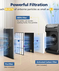 Diagram of HEPA Replacement Filter H 116130 for AM80 Air Purifier showcasing filtration process and additional filters.