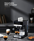 Heavy Duty 20 Bar Automatic Espresso Machine With Hella Rich Crema And Kickin Smooth Milk Frothing For Straight Up Pro Level Cappuccino Latte Coffee Brewing with detachable milk container.