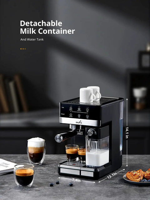 Heavy Duty 20 Bar Automatic Espresso Machine With Hella Rich Crema And Kickin Smooth Milk Frothing For Straight Up Pro Level Cappuccino Latte Coffee Brewing with detachable milk container.