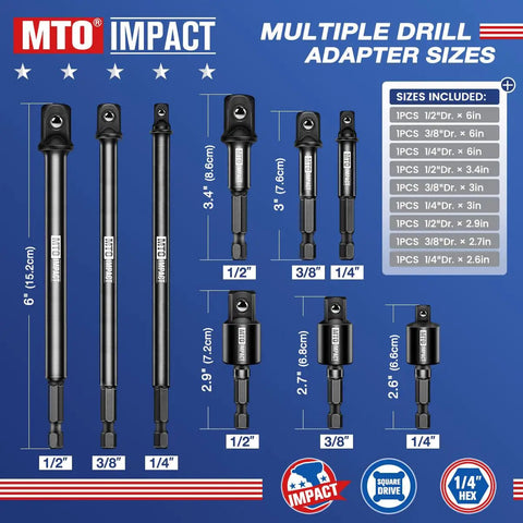 9 Piece Impact Drill Socket Adapter Set With Universal Joint Adapters 1/4 Inch Hex Shank Wrench Adapters Drives 1/4 3/8 1/2 Inch For Automotive And DIY Extend Reach 2.6 To 6 Inches CR-V Steel