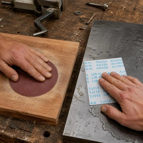 Hands using Heavy Duty Aluminum Oxide Sandpaper for Waterproof Projects on wood and metal surfaces.