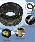 Beefy Fifty Foot Pressure Washer Hose With Three Eighths Inch Quick Connect Kink Resistant Wire Braided High Tensile Hose Heavy Duty 4200 PSI Power Washer Includes Two M22 Adapters 14mm For Quick Fit coiled with close-ups of features.
