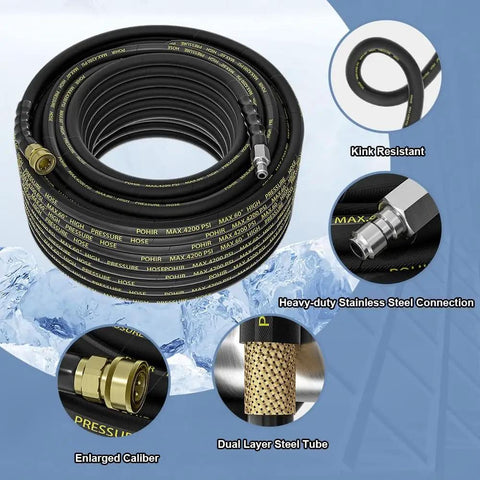Beefy Fifty Foot Pressure Washer Hose With Three Eighths Inch Quick Connect Kink Resistant Wire Braided High Tensile Hose Heavy Duty 4200 PSI Power Washer Includes Two M22 Adapters 14mm For Quick Fit coiled with close-ups of features.