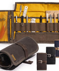 Open EDC Rollup Electronic Organizer For Tech And Art Supplies Waxed Canvas Tool Bag with tools, elastic pen loops, and pockets