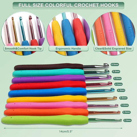 Colorful ergonomic crochet hooks from Beginner Crochet Kit With Yarn And Tools Learn To Crochet Set Includes Ergonomic Hooks And A Dope Range Of Accessories For Adults And Kids Portable Green Leaves Bag Totally Beginner Friendly For Craft Lovers