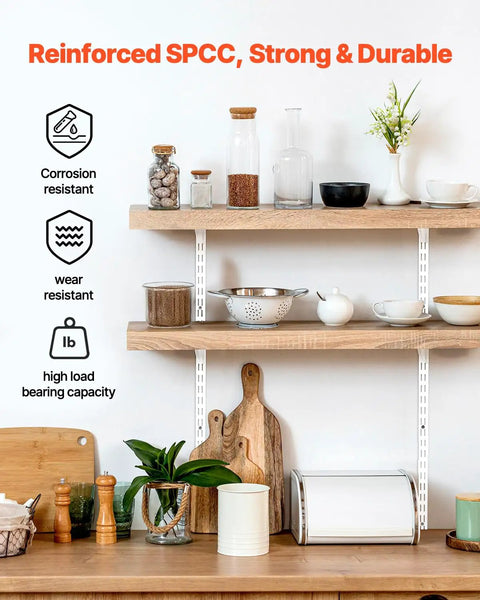 Premium Heavy Duty 60 Inch Shelf Pilasters 5 Pack Dual Track Upright Wall Shelving System Featuring Twin Slot Rails And Hardware For Killer Closet And Cabinet Organization Storage Solutions Silver displayed with kitchenware and decor.