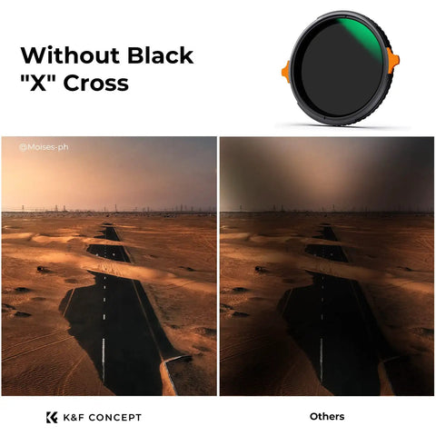 77mm ND4 to ND64 Variable ND and CPL 2 In 1 Lens Filter effect demonstration on desert scene, shows with and without polarizing effect