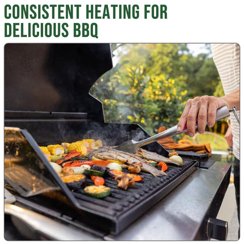 Propane grill scene with a hand using tongs to cook corn and vegetables outdoors.