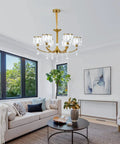 Gold Wagon Wheel Chandelier With 6 Lights, Clear Crystal Shades, Nordic Modern Mid Century Hanging Pendant in living room