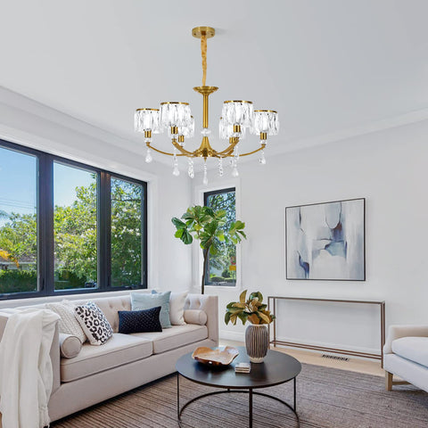 Gold Wagon Wheel Chandelier With 6 Lights, Clear Crystal Shades, in living room setting, Nordic Modern Mid Century Hanging Pendant Light Fixture