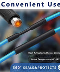 One Quarter Inch Heat Shrink Tubing With Adhesive Lined Dual Wall, 33 Foot Roll, Marine Grade Waterproof Shrink Wrap For Wire Insulation In Electrical, Automotive And Industrial Projects, Three To One Shrink Ratio, Black, shown sealing blue wires with heat