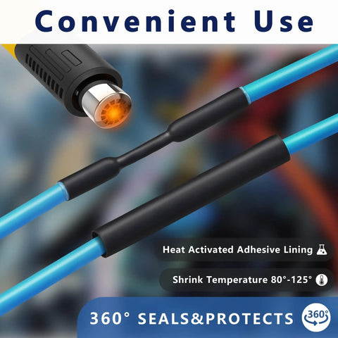One Quarter Inch Heat Shrink Tubing With Adhesive Lined Dual Wall, 33 Foot Roll, Marine Grade Waterproof Shrink Wrap For Wire Insulation In Electrical, Automotive And Industrial Projects, Three To One Shrink Ratio, Black, shown sealing blue wires with heat