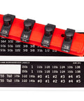 Close-up of Socket Boss 3 Pack Socket Rail Organizers with red rail and socket ID stickers visible.