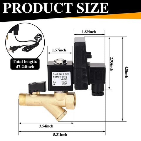 Automatic Drain Valve Kit For Air Compressors With Electronic Tank Drain, 1/4 Inch NPT Elbow, Brass Construction