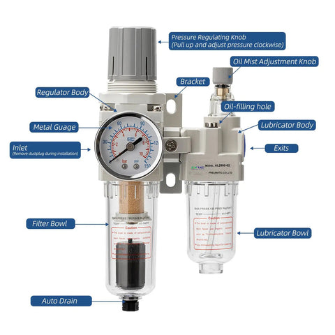 All In One Pro Grade Pneumatic Air Filter Regulator Lubricator with Oil Water Separator labeled parts