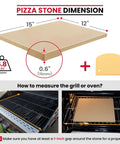 Diagram showing Heavy Duty Cordierite Pizza Stone For Oven And Grill Thermal Shock Resistant Baking Stone 15 by 12 inch dimensions.