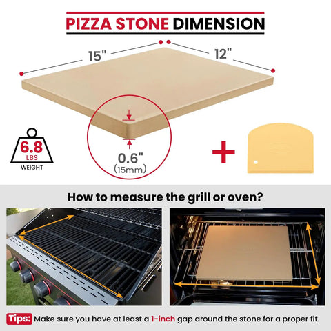 Diagram showing Heavy Duty Cordierite Pizza Stone For Oven And Grill Thermal Shock Resistant Baking Stone 15 by 12 inch dimensions.