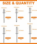100 Piece Aluminum Blind Rivets Kit Pro Grade Pop Rivets Assortment With 3/16 Inch Diameter Across Six Lengths From 5/16 To 1 Inch