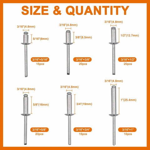 100 Piece Aluminum Blind Rivets Kit Pro Grade Pop Rivets Assortment With 3/16 Inch Diameter Across Six Lengths From 5/16 To 1 Inch