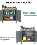 Outdoor Garden Potting Bench With Storage Cabinet And Metal Tabletop Removable Shelf Wooden Planting Workstation For Patio Garden Or Yard Weatherproof Grey Ideal For Seedlings Pots Or DIY Projects with open doors showing organized storage.