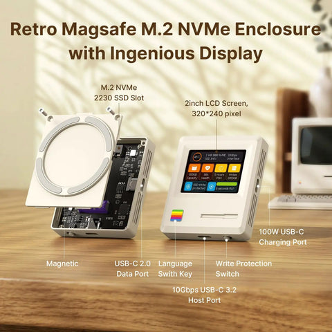 Classic Retro M2 NVMe PCIe Magnetic SSD Enclosure showcasing LCD screen, 2230 SSD slot, USB-C ports, and magnetic design.